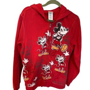Disney Mickey Mouse Hoodie Zip Up Red Graphic‎ Print Adult Size Large